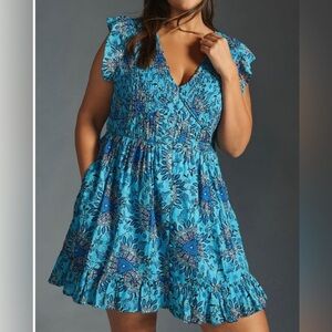 Anthropologie The Peregrine Blue Mini Dress XL floral smocked
